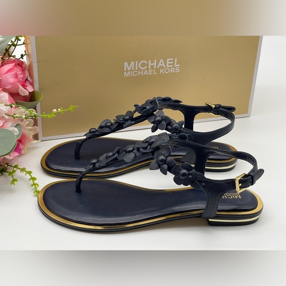 Michael Kors Thong Admiral Blue Leather Sandal Floral Accents - Picture 10 of 16